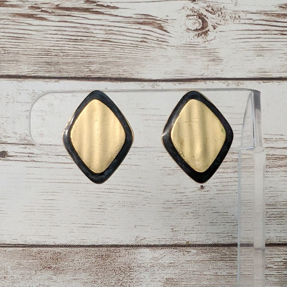 Vintage Clip On Earrings Black & Gold Tone Diamond Shape